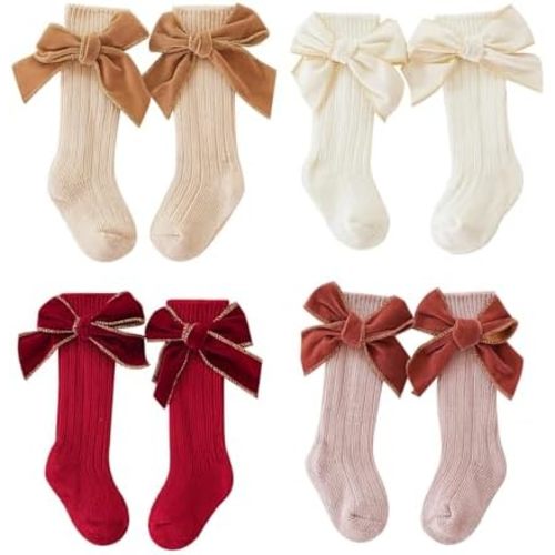 Merqwadd 4-Pack Baby Girls Knee High Socks Infants Toddlers Bow Knit Socks Cotton Tube Ruffled Stockings
