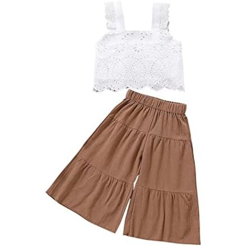 VISGOGO Toddler Baby Girls Summer Outfit Sleeveless Lace Embroidery Clothes Toddler Kids Tank Tops Bell-bottom Pants Set