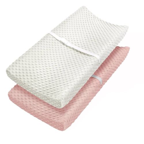 Babebay Changing Pad Cover, Ultra Soft Minky Dots Plush Changing Table Covers for Baby Boys and Girls, Breathable, 2 Pack (Peach Pink & Lily White)