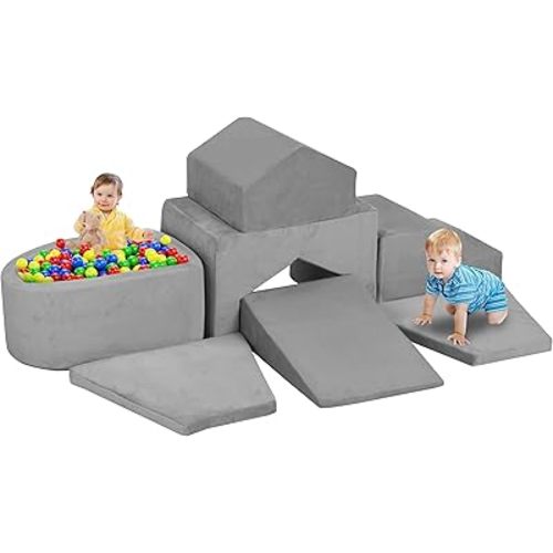 Rengue 7 Pcs Velvet Climbing Toys for Toddlers, Indoor Foam Climbing Blocks and Ball Pit for Toddler, Foam Play Gym Climbing Structures Activity Play Set, Gray (Balls not Included)