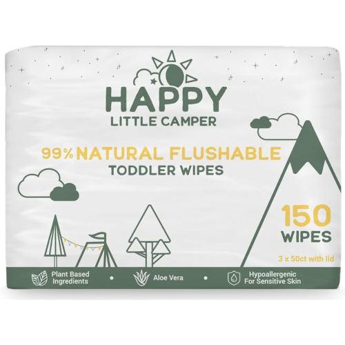 Happy Little Camper Natural Flushable Wipes - Hypoallergenic Wet Wipes with Aloe Vera, Chamomile and Pomegranate Extract - Unscented Baby Wipes Safe for Sensitive Skin - 150 Count