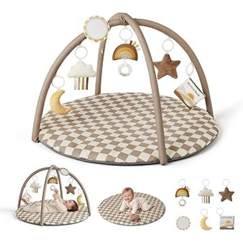Blissful Diary Baby Play Gym Mat, Play Mat Activity Mat with 6 Detachable Toys for Stage-Based Sensory & Motor Skill Development, Easy to Install & Clean, Baby Essentials Gift, Brown Checkerboard