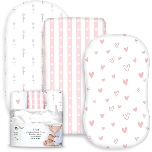 100% Organic Cotton Fitted Bassinet Sheets Fits Halo, Snoo, Uppababy, Ingenuity, Graco, Baby Trend, and All Other Standard Size Bassinets. 3 Pk