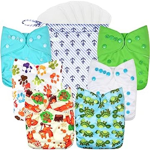 wegreeco Cloth Diapers 6 Pack with 6 Inserts & 1 Wet Bag, Washable Cloth Diapers for Babies, One Size Adjustable Reusable (Neutral Prints)