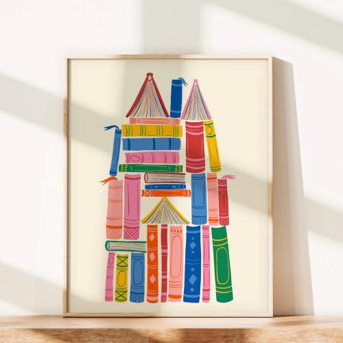 Book Castle, Book Art, Nursery Room Reading Art, Classroom Art, Gift For Reader, Colorful Kids Room, Reading Nook Art