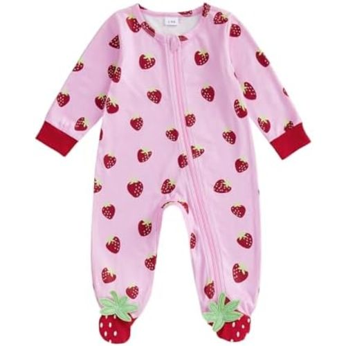 Infant Baby Girl Outfit Strawberry Print Crew Neck Zipper Long Sleeve Footies Romper Jumpsuit Newborn Spring Clothes