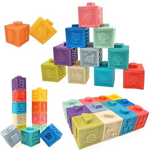 Soft Stacking Blocks for Baby Infant and Toddler, Baby Building Blocks, Teething Chewing Toys, Educational Baby Toys with Numbers, Shapes, Animals, Fruits & Textures for 0 - 3 Years Old, Pack of 12