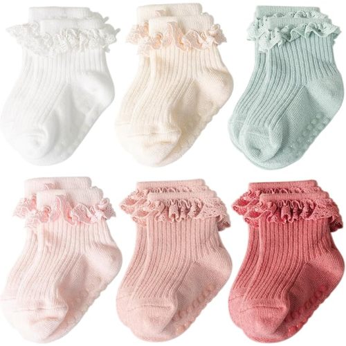 AQOKKA Baby Girl Toddlers Socks with Non-slip Grip Cute Frilly Ruffle Ankle Soft Cotton Newborn Baby Socks for Infant Kids