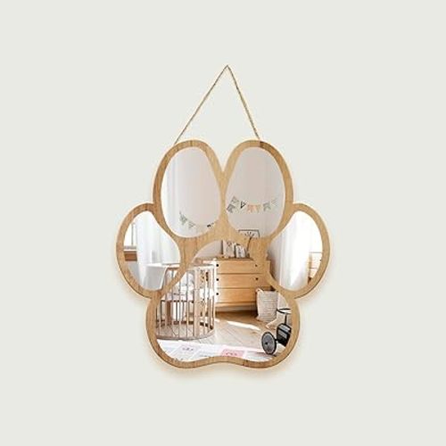 Cute Paw Patterned Silver Natural Wood Framed Acrylic to Hanging Wall Mirror Decorative Stickers Baby Kids Teen Room Nursery Bathroom Bedroom Livingroom Decoration