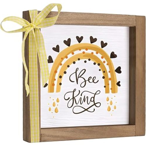 Wooden Bee Sign, 6 Inch Bee Kind Themed Wall Decor, Nursery Kitchen Bathroom Room Table Shelf Tiered Tray Desk Rustic Farmhouse Decoration For Home