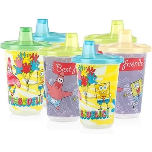 Nuby 6 Pack Polypropylene Wash or Toss Reusable Cups & Lids with Spout, Nickelodeon SpongeBob SquarePants, 10 oz.