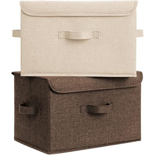 GRANNY SAYS Stoarge Basket with Lid, Decorative Storage Boxes, Closet Storage Bins for Clothes, Collapsible Stackable Organization, Khaki&Brown, 2-Pack