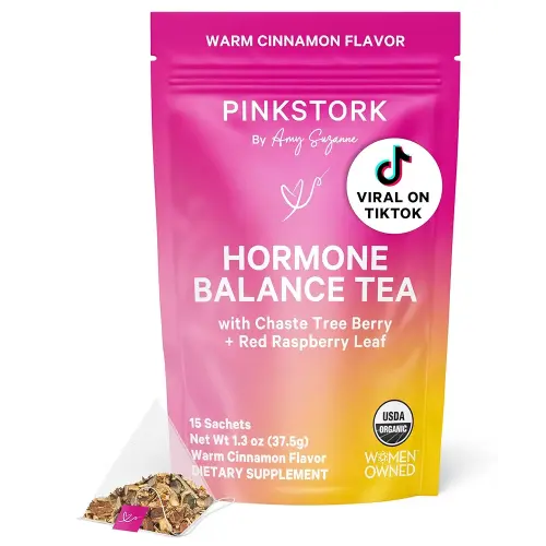 Pink Stork Hormone Balance Tea - Organic Red Raspberry Leaf + Vitex + Supporting Herbs - PMS, Perimenopause + Menopause - Warm Cinnamon - 30 Cups