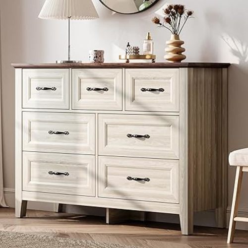 LINSY HOME 7 Drawers Dresser for Bedroom, Wood Farmhouse Drawer Chest, 7 Chest of Drawer, Tall Dresser with Organizer for Bedroom, Closet, Living Room, Hallway