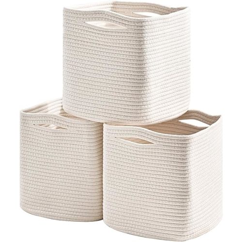 11 Inch Cube Storage Bins, 11x11 Cube Storage Bins for Cube Organizer, Square Cloth Storage Cubes, Woven Storage Baskets for Shelves, Toy Rope Baskets Storage Kids, Off White (Pack of 3)
