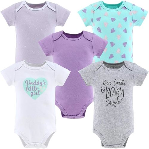 The Peanutshell Short Sleeve Baby Bodysuits Set for Baby Girls - Purple, Grey, Mint - 5 Pack Set
