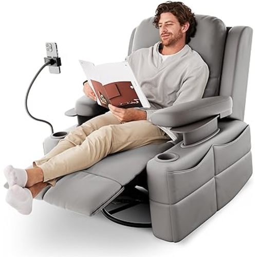 Living Room Chairs, MUSE Design Award, Power Recliner Chair for Adults with Adjustable Armrests, Oversized Swivel rocker recliner with Infinite Positions, USB Ports, Cup&Phone Holder(Leather)