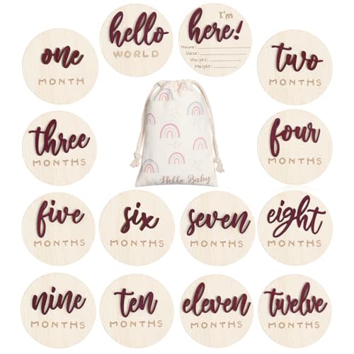 Burbell 3D Baby Milestone Wooden Circles Hello World Newborn Sign 7 Pack Double Sided Monthly Milestone Cards Sign Baby Announcement Sign for Newborn Shower Photo Props(Reddish Brown)