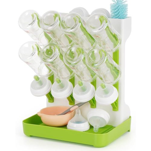 Baby Bottle Drying Rack, Space Saving Baby Bottle Organizer for Countertop, Vertical Bottle Dryer Holder with Brushes Holder, Large Bottle Storage Holder 12 Bottles & Baby Accessories Green
