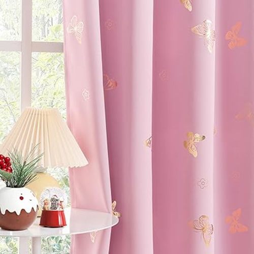 Jubilantex Pink Gold Butterfly Blackout Curtains 84Inches Long for Bedroom Kids Bedroom Nursery Floral Print Window Curtains with Black Layer,Grommet Top 2 Panels