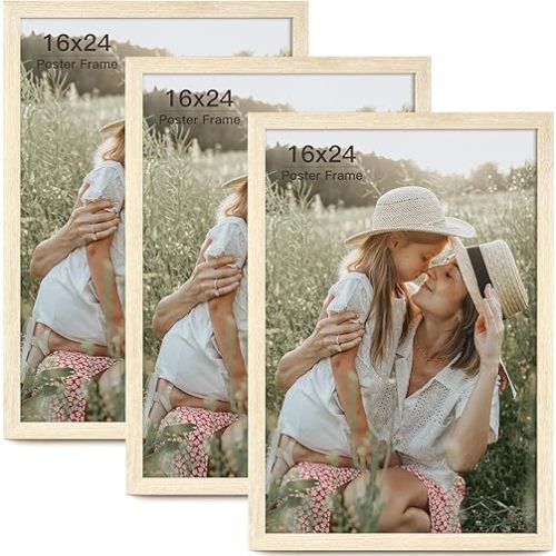 16x24 Frame Set of 3, Natural Wood Grain 16x24 Poster Frame for Gallery Wall Mounting (3 Pack,Natural)
