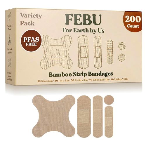 FEBU Eco-Friendly Bamboo Fabric Bandages | PFAS Free Bandages for Scrapes & Cuts | Flexible Fabric Bandage | Fully Compostable, Latex Free Bandage | 200 Count Bulk Variety