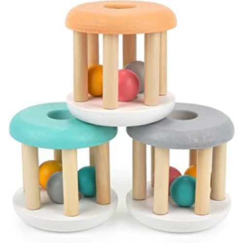 DUCKBOXX XX Montessori Infant Toys, Natural Wood Rolling Rattle Toy for Babies Ages 0m – 2yrs (White Base - 3pcs)
