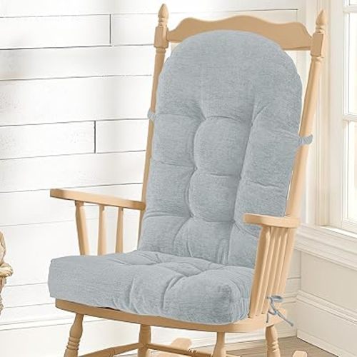Rocking Chair Cushion - Chenille Fabric, High-Density Sponge, Durable Comfort Non-Slip Bottom Tufted Seat Pads with Ties, Chenille︱Greyish White, 44x19x4 inch
