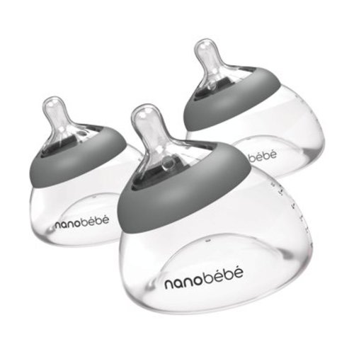 Nanobebe Breastmilk Bottle, Breastfeeding Newborn Breast-like, Anti Colic, Perfect Latch, Preserves Breast Milk Nutrients, 3-Pack, Grey