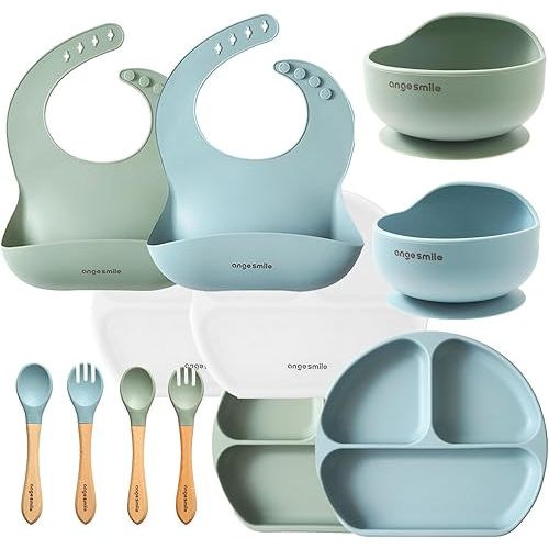 Baby Feeding Essentials Silicone 12 Set Bib, Bowl, Suction Plate, Spoon, Fork Independent Eating Utensils for 6+ Months Kids Toddler Kawaii Microwave and Dishwasher Friendly Sage Green & Blue