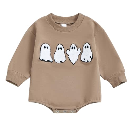 Foidiccx Infant Baby Boys Girls Halloween Outfits Ghost Embroidery Bubble Romper Sweatshirt Newborn Fall Winter Clothes 0-18M