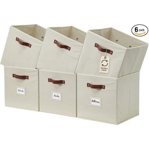 DECOMOMO Storage Bins, Cube Storage Bin with Labels, Fabric Storage Cubes for Shelves (10.5" x 11" / 6pcs, Beige)