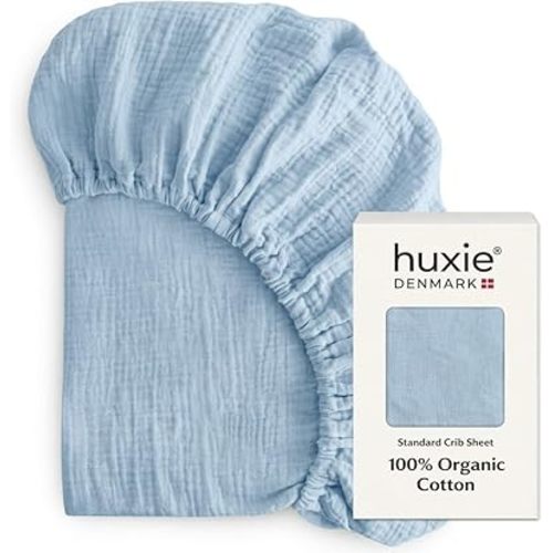 Crib Sheets – Organic Cotton Muslin Fitted Crib Sheet – Standard Size for Baby Boy 28" x 52" Ultra-Soft and Breathable (Baby Blue)