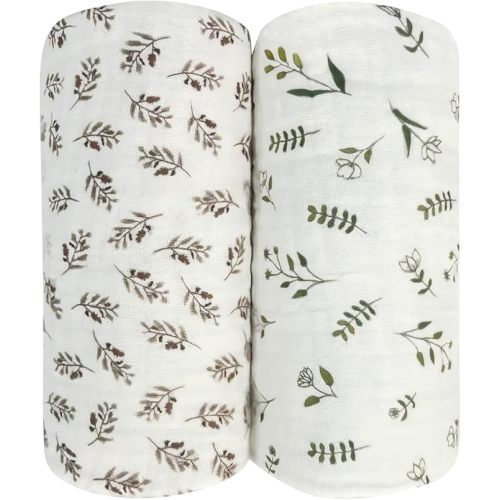Ultra Soft Muslin Baby Blanket Pack of 2 Cotton Swaddles Bed Blankets Super Soft Lightweight for Babies and Toddlers Boys Newborn 42 x 42 inches Floral (Green and Coffee)