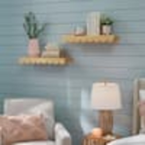StyleWell Scalloped Natural Wood Floating Wall Shelves (22" W x 2.5" H) (Set of 2) 23MJK051