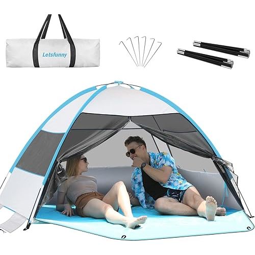 Large Easy Setup Beach Tent,Anti-UV Beach Shade Beach Canopy Tent Sun Shade with Extended Floor & 3 Mesh Roll Up Windows Fits 3-4 Person,Portable Shade Tent for Outdoor Camping Fishing