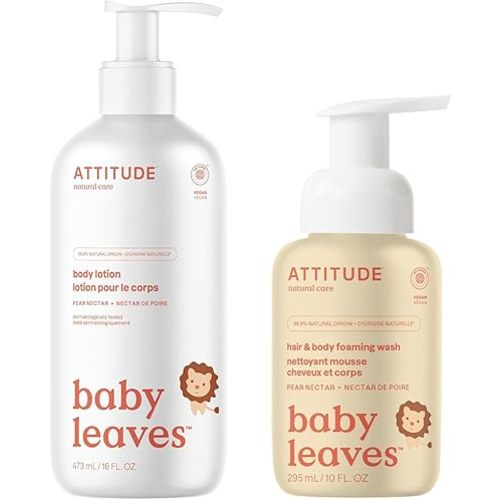 Bundle of ATTITUDE 2-in-1 Hair and Body Foaming Wash for Baby and Baby Body Lotion, EWG Verified, Dermatologically Tested, Made with Naturally Derived Ingredients, Vegan, Pear Nectar