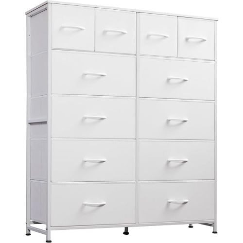 WLIVE Tall Dresser for Bedroom with 12 Drawers, Dressers & Chests of Drawers, Fabric Dresser for Bedroom, Closet, Fabric Storage Dressers with Storage Drawers, Steel Frame, Wood Top, White