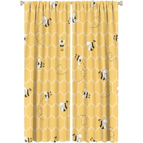 Flying Bees Blackout Curtains Rustic Vintage Geometric Hexagonal Honeycomb Yellow Art Print for Bedroom Living Room Decor Rod Pocket Window Drape 42x63in