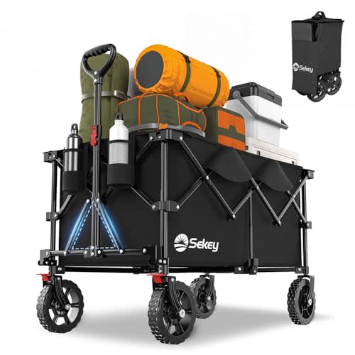 Sekey 220L Collapsible Foldable Wagon with 330lbs Weight Capacity, Heavy Duty Folding Wagon Cart with Big All-Terrain Wheels & Drink Holders (Black)