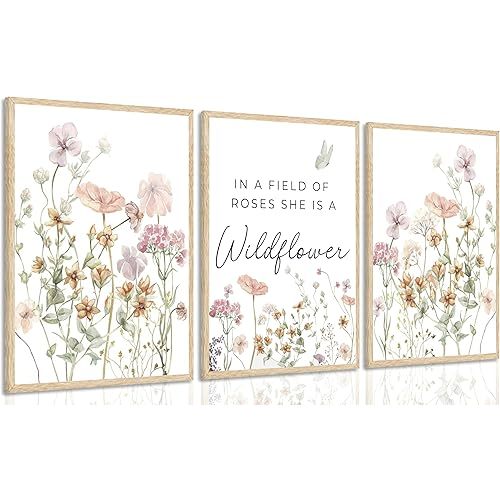 3Pcs Watercolor Flowers Nursery Wall Art Florals Botanical Sentence Picture Wall Decor Pink Wildflowers Poster Print Artwork for Girl Nursery Office Bedroom Livingroom Inspirational Wall Decoration