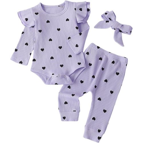 Fullfamous Baby Girl's 3pc Rib Frill Long Sleeve Romper and Pant Set - 0-3 Months - Lavender Heart