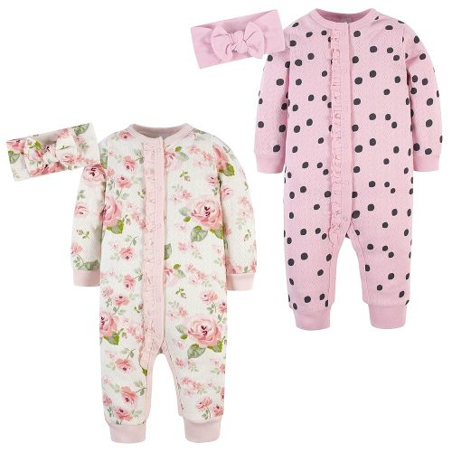 Gerber baby-girls 4-piece Coveralls & Headband Sets