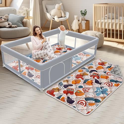 Baby Playpen with Mat 65 x 50 Inch Play Pen Playards, Playpen for Babies and Toddlers, Baby Playard for Indoor & Outdoor Active Center Game Fence, with Skin-Friendly Fabric and Soft Breathable