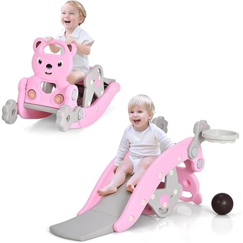 5 in 1 Toddler Slide Rocking Toy, Slide for Kids with Detachable Stool, Basketball Hoop and Ring Game, Foldable Climber (Pink Bear)