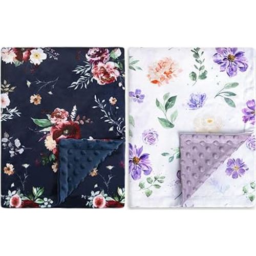 BORITAR 2 Pack Baby Blanket for Girls Super Soft Double Layer Minky with Dotted Backing Dark Blue Blanket with Beauty Floral Printed 30 x 40 Inch