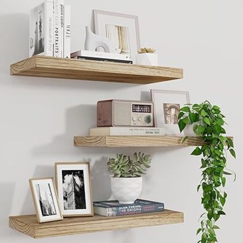 Wood Floating Shelves for Wall Set of 3, 17 Inch Wide Rustic Wooden Floating Shelves, Invisible Wall Mounted Display for Living Room Bedroom Kitchen Bathroom Office, Carbonized Black