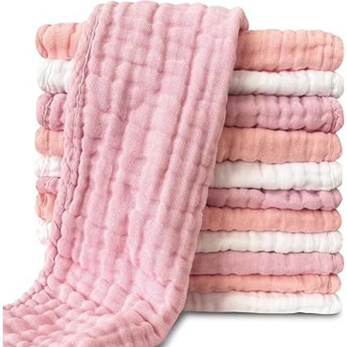 Muslin Burp Cloths for Baby 100% Cotton Burping Cloths for Unisex, Boy, Girl - Large 20'' by 10'' Newborn Essentials Ultra Soft Absorbent Milk Spit Up Rags - 12 Pack - White+Light Sakura Series
