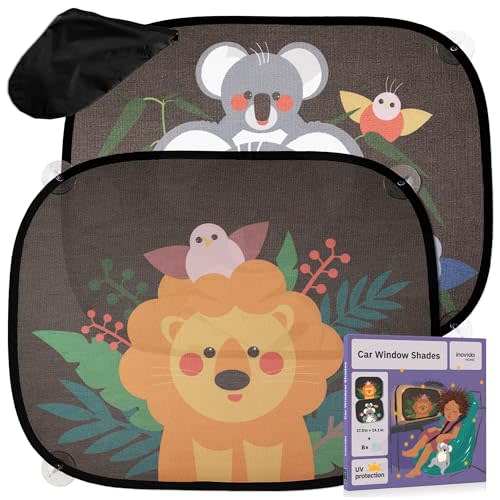 Car Sun Shades for Kids – 2-Pack Baby Window Shades with UV Protection – Cute Animal Design with Suction Cups – 17"x14" Sun Protection for Car Windows – by Inovida