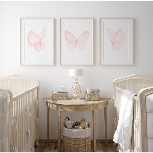 Butterfly Art Print, Baby Pink Nursery Art, set of 3 Prints, Baby Girl Nursery Decor, Kids Room Wall Art, Digital Pink Watercolor Painting